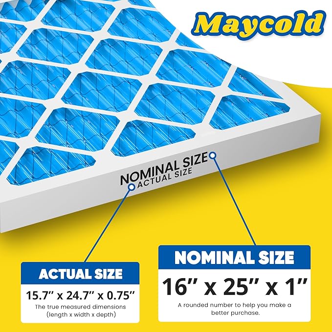 Maycold 16x25x1 MERV 11 Furnace Air Filter (6-Pack), High-Performance HVAC AC Filters for Home Use, Actual Size: 15.70” x 24.70” x 0.75”, Individually Wrapped in Plastic