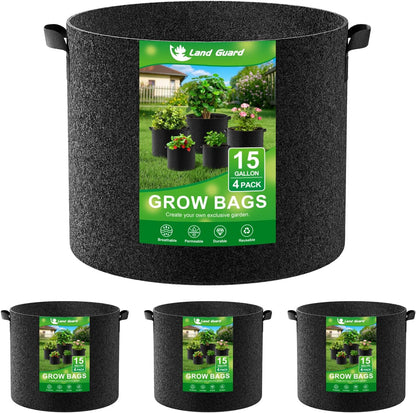 Land Guard 4-Pack Fabric Grow Bags 15 Gallon, Thickened Nonwoven Garden Pots, Growing Bags with Handles, Black