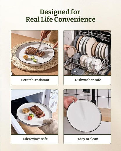 Famiware Nebula Plates and Bowls Sets for 4, 12 Pieces Stoneware Dinnerware Set, Microwave and Dishwasher Safe Dishes Set, White with Black Rim