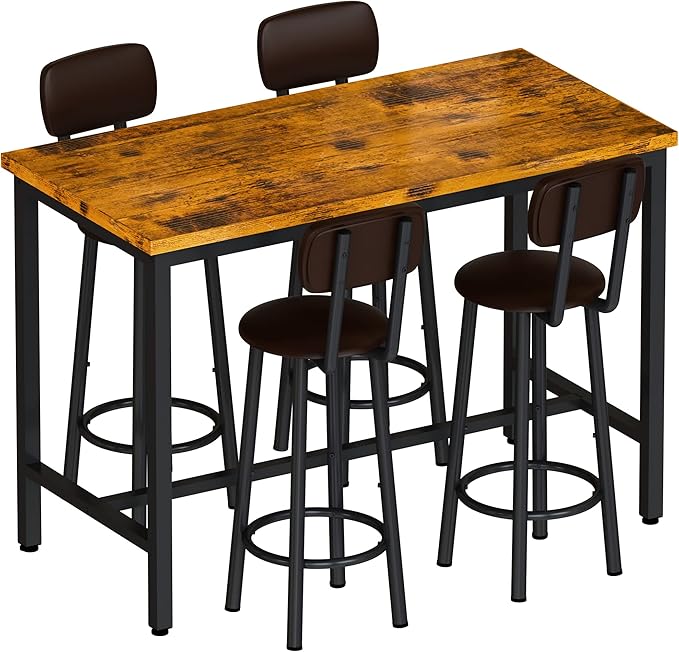 Lamerge Dining Table Set for 4 Bar Table and Chairs Set Industrial Counter Height Dining Table Set with 4 PU Upholstered Stools Kitchen Pub Table for Kitchen, Restaurant, Space Saving, Rustic Brown