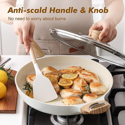SENSARTE Ceramic Nonstick Frying Pan Skillet with Lid 12.5Inch Large Non Stick Non-toxic Healthy Kitchen Cooking Chef's Pan, Free of Intentionally Added PFOA/PFAS/PTFE, Induction Compatible, White