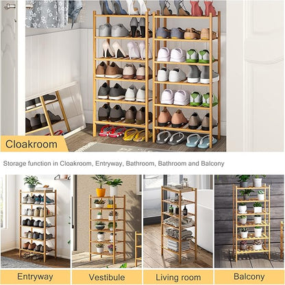 6-Tier Small Shoe Rack for Entryway, Stackable | Heavy Duty | Multi-Function, Bamboo Free Standing Shoe Racks for Bedroom Hallway Closet