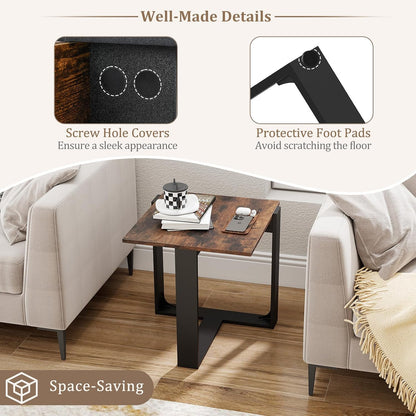 Giantex Industrial End Table Set of 2, Square Bedside Night Stand w/T-Shape Metal Frame, Accent Nightstand for Bedroom, Wood Sofa Side Tables for Living Room Office Small Space, Rustic Brown