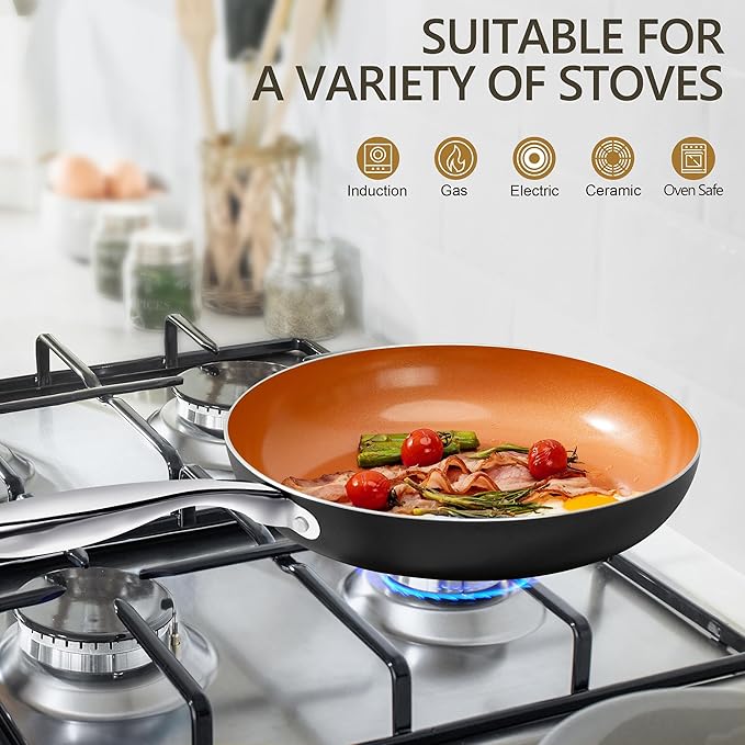 MICHELANGELO Copper Frying Pan Set with Lid, 8" & 10" Nonstick Skillets with Lids, Non Stick Frying Pans Set, Ceramic Non Toxic Fry Pans, Induction Compatible