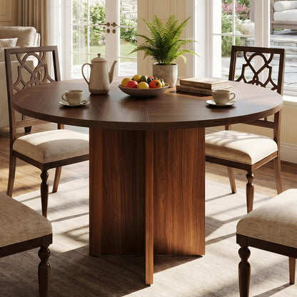 47 Inch Round Dining Table for 4-6 People, Rustic Circle Kitchen Table with X-Shaped Stable Pedestal, Dinner Table for Dining Room Kitchen Living Room, Walnut