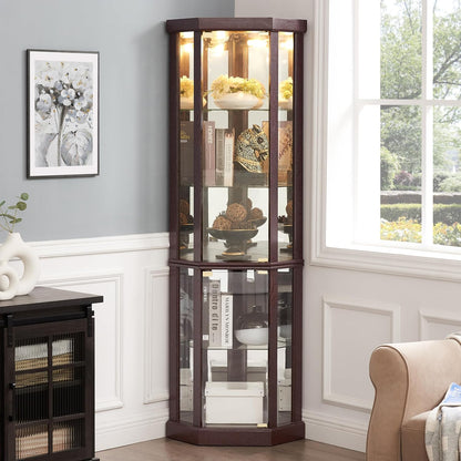 69" H Lighted Corner Curio Cabinet Display Case With Adjustable Shelves, Tempered Glass, Mirrored Back Panel for Living Room (Dark Cherry)