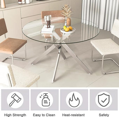 47.24" Round Glass Dining Table Modern Kitchen Glass Top Table for 6 with Silver Metal Legs, Clear Dining Table Kitchen Table for Home Office Dining Room