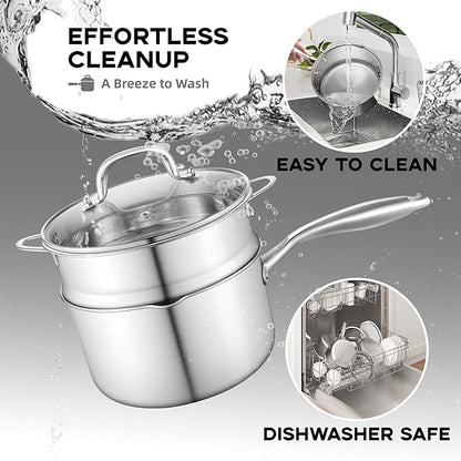 Leetaltree 1.5 Quart Stainless Steel Saucepan with Steamer Basket, Tri-ply Construction, Versatile Sauce Pan with Double-sized Drainage Lid - Perfect for Cooking Gravies. Pasta, Vegetable and More