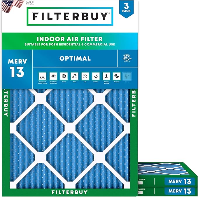 Filterbuy 20x25x1 Air Filter MERV 13 Optimal Smoke & Allergy Defense (3-Pack), Electrostatic Pleated HVAC AC Furnace Filters Replacement, Made in USA (Actual Size: 19.50 x 24.50 x 0.75)