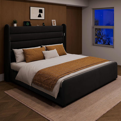 Queen Size Bed Frame with 59'' Tall Headboard with Readlight, Black