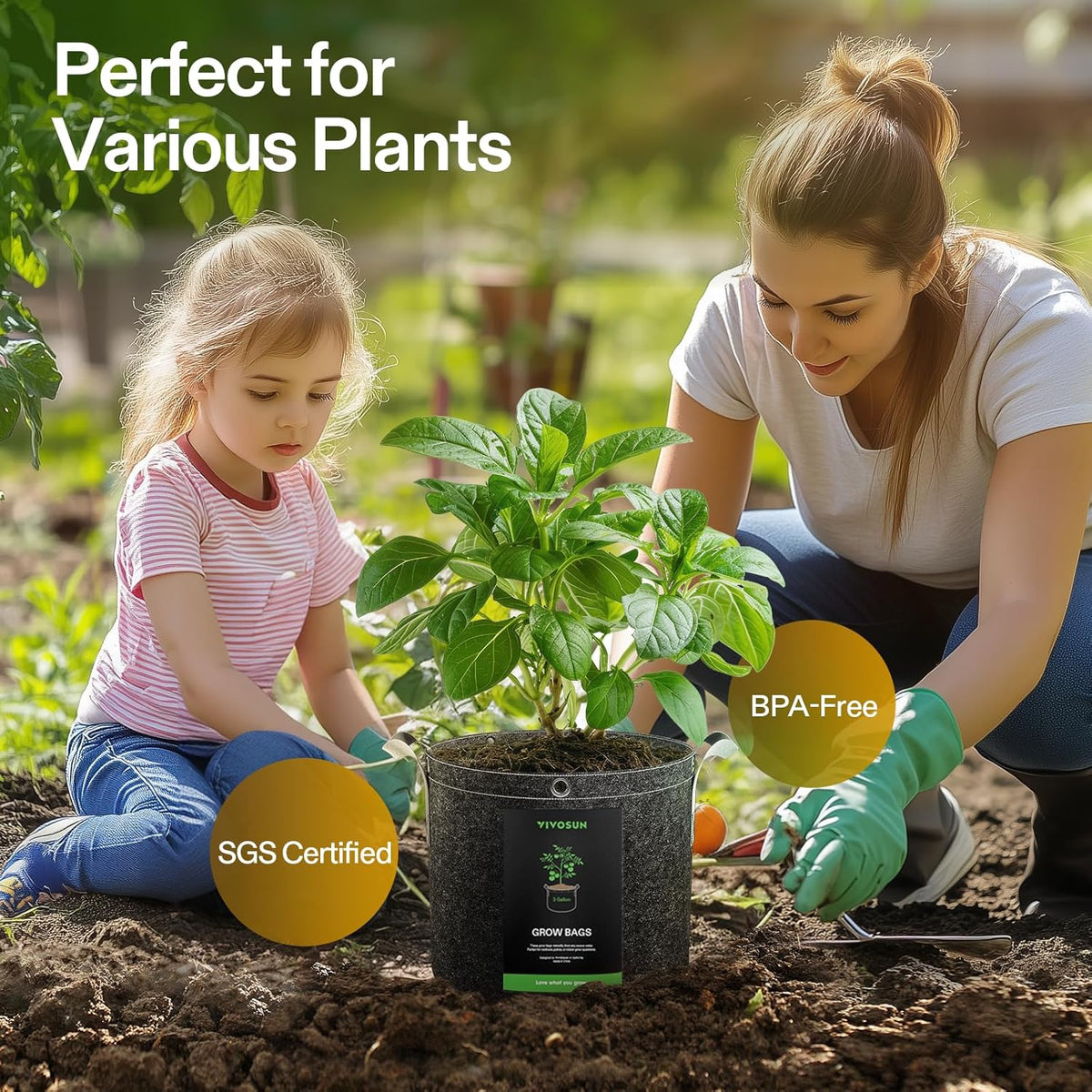 VIVOSUN 5-Pack 3 Gallon Grow Bags, 500G Thick Nonwoven Fabric Pots with Strap Handles, Multi-Purpose Rings, for Low Stress Plant Training Fruits, Vegetables, and Flowers