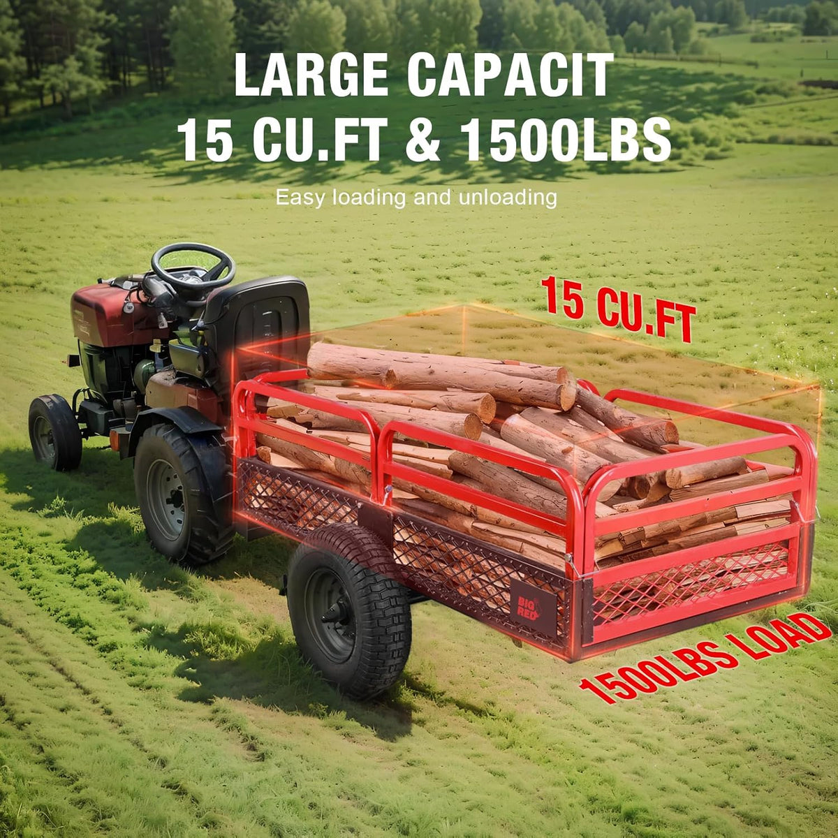 BIG RED Heavy Duty ATV Trailer Steel Dump Cart: Yard Garden Trailer for Lawn Mower, Tractor, Garden Waste - 1,500lbs, 15 cu.ft Capacity
