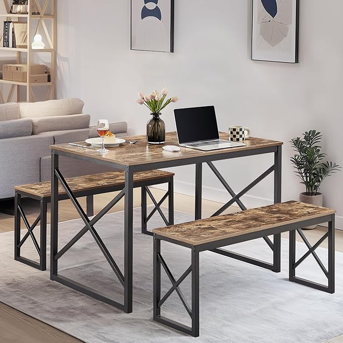 VECELO Kitchen Table with 2 Benches for 4, 43.3'' Wood Dining Room Dinette Sets with X Metal Frame for Breakfast Nook and Small Space, Brown