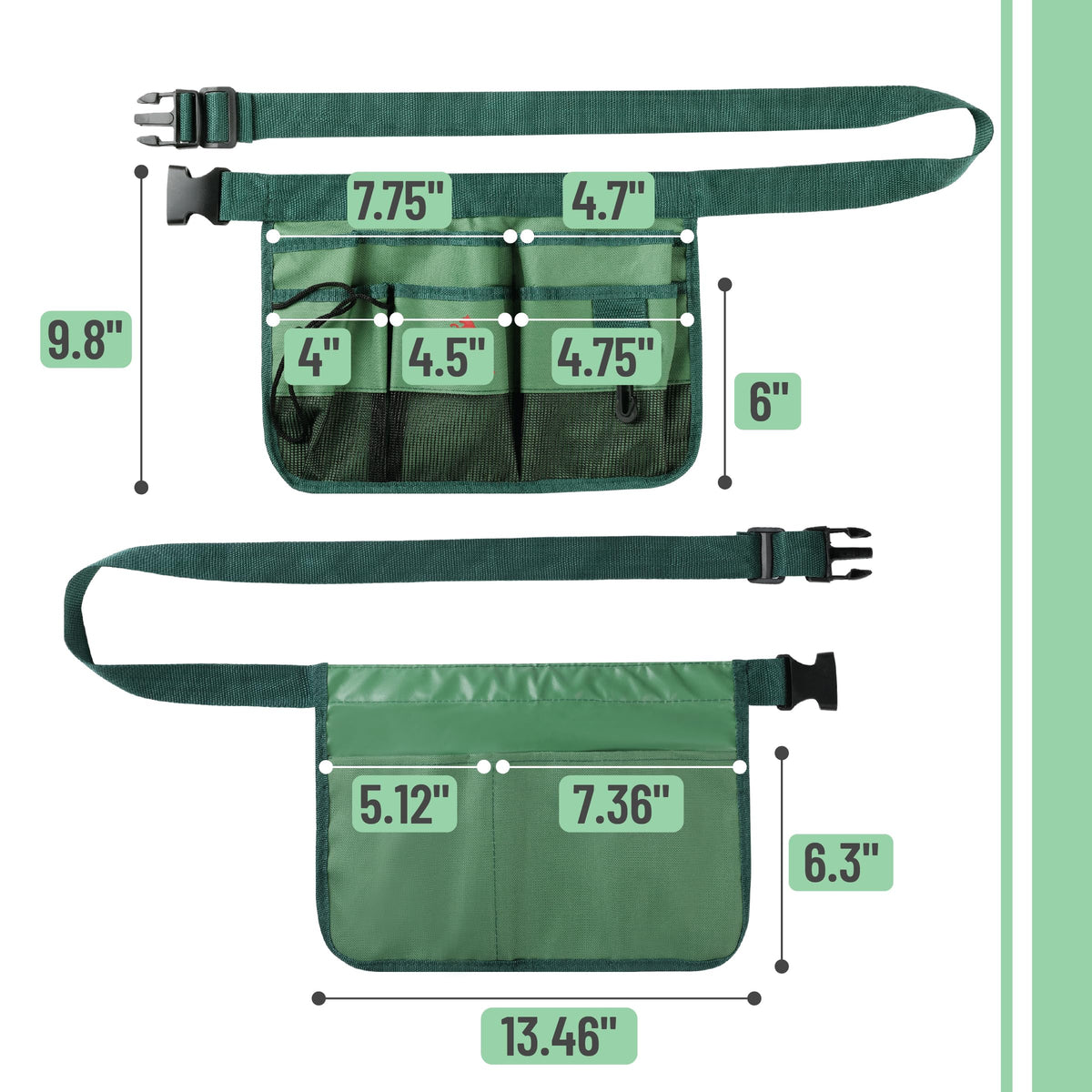 UNCO- Adjustable Gardening Belt, Green, 7 Pockets, Wear, Cut and Water Resistant, Garden Tool Belt Pouch, Waist Apron with Pockets