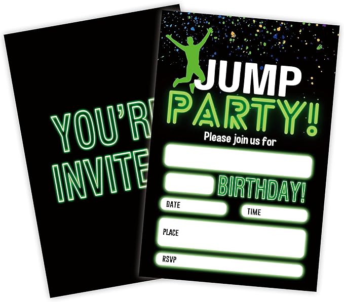 Glow Trampoline Birthday Invitations, Jump Party Invite Cards（20 Count) With Envelopes, Fill In Style Invite Cards For Boys & Girls, Birthday Party Supplies-C01