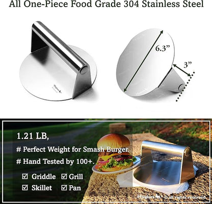 Meykers Burger Smasher 6.3" Smash Press Hamburger & 100 Patty Paper | for Griddle Grill Pan Skillet | Weight Gain Flat Presser Smashburger Maker 304 Stainless Steel | Meat Bacon Sandwich Tool Kit