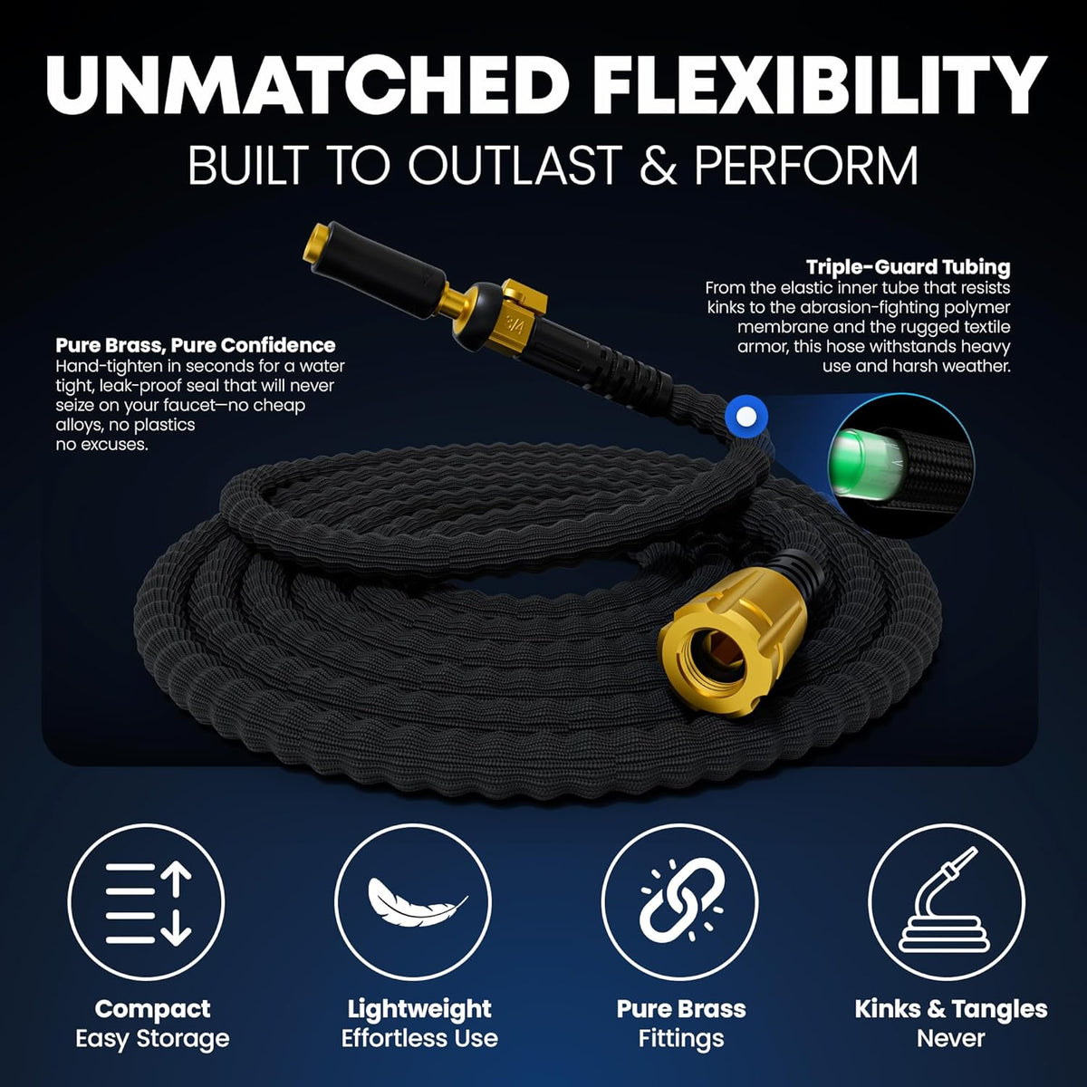 TITAN Flexible Garden Hose 65FT – Ultra Lightweight, Heavy Duty Water Hose with Brass Fittings & Jet Nozzle – Kink-Free, Non-Expanding, Durable Fabric Hose for Yard, Lawn, Car Wash, Outdoor Use