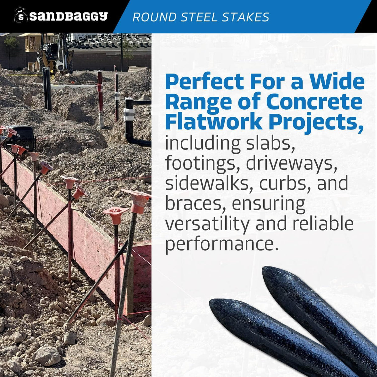 Sandbaggy Round Steel Concrete Form Stakes with Nail Holes - Rust Resistant Coating - Removable, Reusable (400, 3/4 in X 36 in)