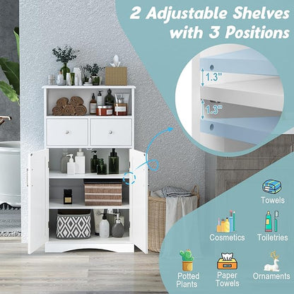 Tangkula Bathroom Cabinet, Freestanding Storage Organizer w/2 Drawers & 2 Doors, 3-Position Adjustable Shelves, Anti-Toppling Design, Floor Cabinet for Bathroom (White, 2 Drawers & Cabinet)