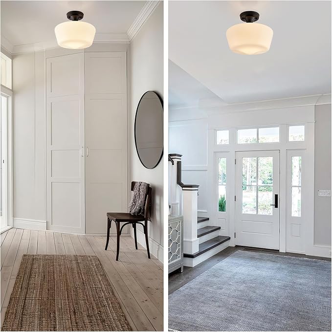 Black Schoolhouse Light Fixture, 12" Milk Glass Flush Mount Ceiling Light, Black Semi Flush Mount Ceiling Light for Farmhouse Kitchen Hallway Entryway