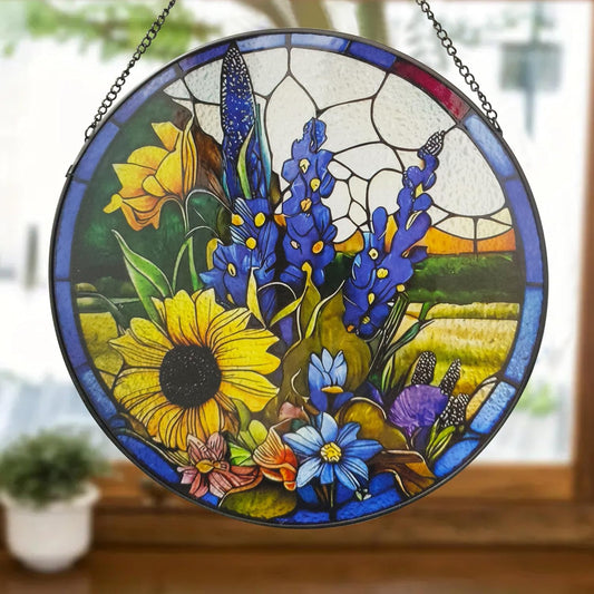Sunflower Lavender Suncatcher Stained Glass Window Hanging, 9.8'' Hand-Painted Floral Sun Catcher Window Wall Decor with Chain, Birthday Gifts for Mom Grandma Wife