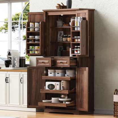 Merax 71" Tall Kitchen Pantry, Farmhouse Storage Cabinet with 6 Door Shelves, 2 Drawers and 3 Adjustable Shelves, Freestanding Rustic Wood Cupboard for Kitchen, Dining Room, Brown