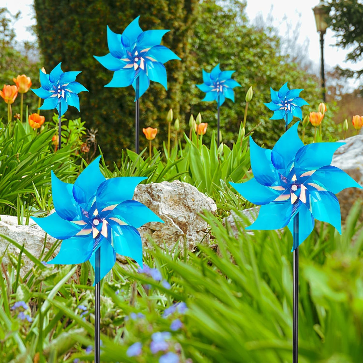 Hausse 10 Pack Reflective Pinwheels Wind Spinner, Extra Sparkly Pinwheel with Stakes, Bird Repellent Blinder Devices Deterrent to Scare Birds Away from Yard Patio Farm Garden, Transparent Blue