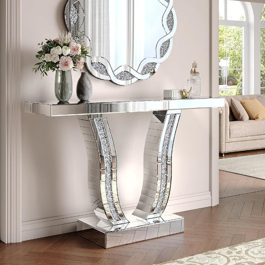 43.3'' Mirrored Console Table Silver Mirrored Entryway Sofa Table for Living Room Office, Curved Design Crystal Accent, Modern Entryway Console Desk for Hallway Entrance, 43''x12'' Glass Top