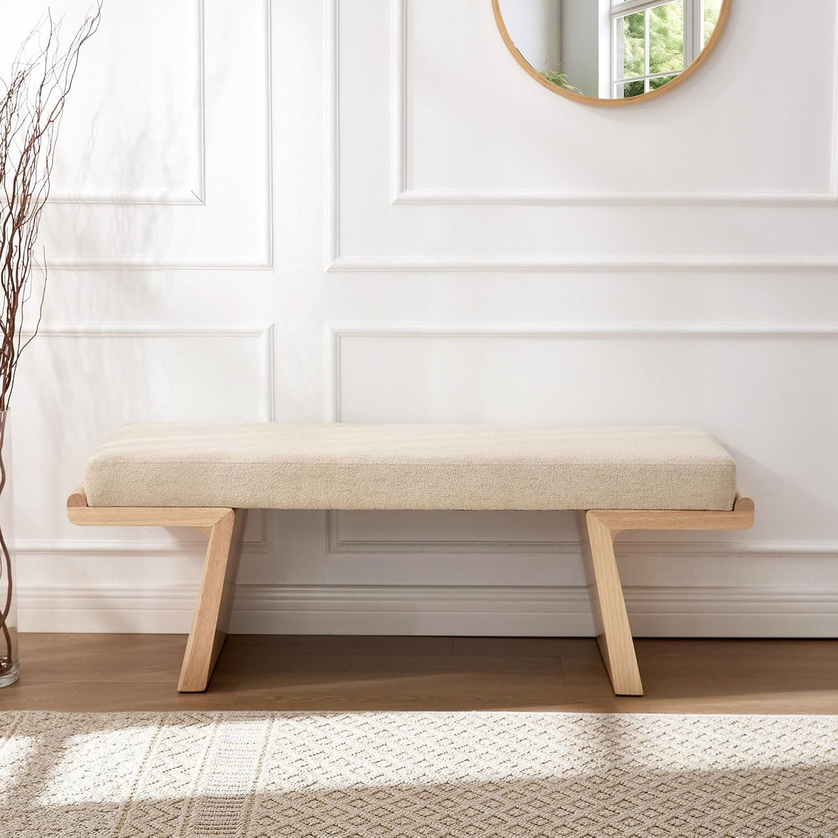 47.2" Natural Wood Bedroom Bench, Upholstered Entryway Bench, Modern End of Bed Ottoman with Soft Padded Seat & Solid Wood Frame for Dining Room and Living Room, Linen