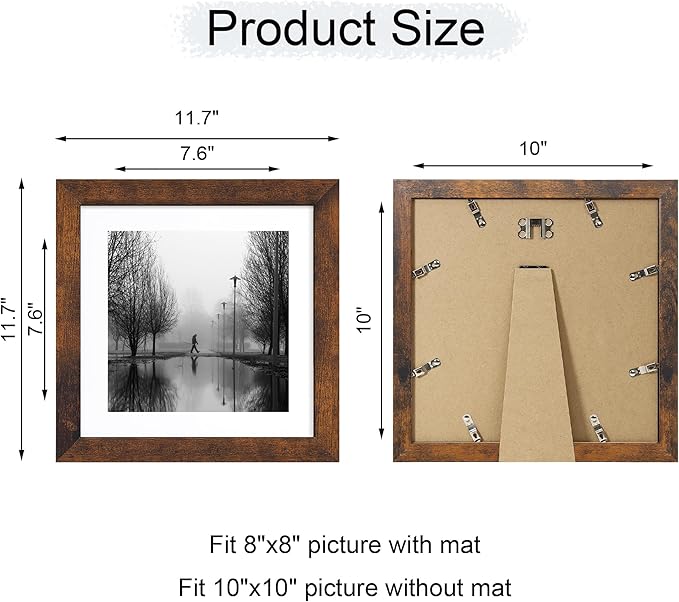 10x10 Picture Frame Set of 4 with Real Glass, Rustic Frames Display 8x8 Picture with Mat or 10 x 10 Without Mat, Wooden Square Photo Frame for Wall Mount and Tabletop Display