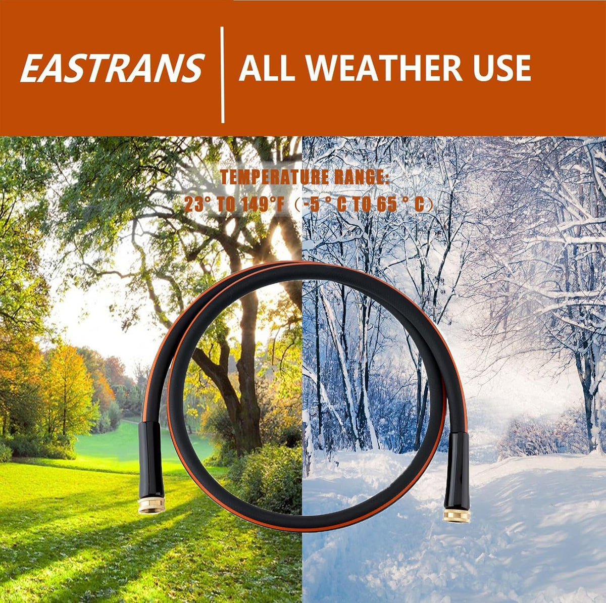 EASTRANS Short Garden Hose 10 ft x 5/8", Heavy Duty Water Hose with 3/4" Solid Brass Connector for All-weather Outdoor, Black & Orange