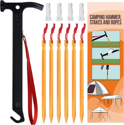Eurmax USA Hiking Camping Tent Stakes and Hammer Set Lightweight Multi-Function Tent Hammer with Tent Stake Remover,Tent Pegs for Camping, Hiking, Backpacking, Gardening(Gold Stakes)