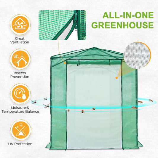 EAGLE PEAK Replacement Cover for 8x6 Portable Pop up Greenhouse, Dual Roll-up Zipper PE Door & Upgraded Screen Mesh Door and 2 Roll-Up Side Windows (Frame Not Included), Green
