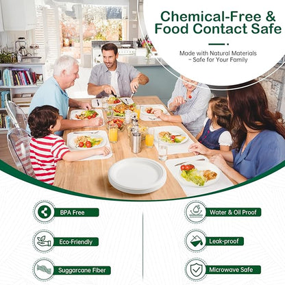 𝟔 𝐈𝐧𝐜𝐡, 𝟏𝟐𝟖-𝐏𝐚𝐜𝐤 Compostable Paper Plates, Heavy-Duty Biodegradable Disposable Dish Made from Bagasse, Perfeck for Snacks, Desserts, Party, Wedding and More (White)