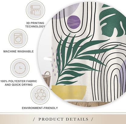 Glawry Boho Purple Shower Curtain Abstract Plant Tropical Palm Leaf Modern Minimalist Arch Geometric Bathroom Modern Mid Century 60Wx72L Inches Bath Accessories Art Home Decor Fabric 12 Pack Hook