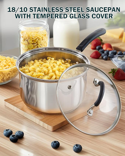 Cook N Home Saucepan Sauce Pot with Lid 2 Quart Stainless Steel , Stay Cool Handle, silver