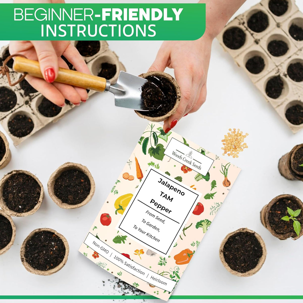 Woods Creek Seeds: Jalapeño TAM Hot Pepper Seeds for Planting - Over 180 Heirloom Non-GMO Jalapeno Seeds for Planting - Beginner Friendly Jalapeno Pepper Seed Pack for Indoor, Outdoor & Home Garden