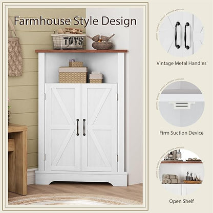 Smuxee Bathroom Corner Storage Cabinet, Farmhouse Floor Corner Cabinet with Barn Door and Adjustable Shelf, White Narrow Cabinet Organizer for Bathroom, Living Room, Kitchen