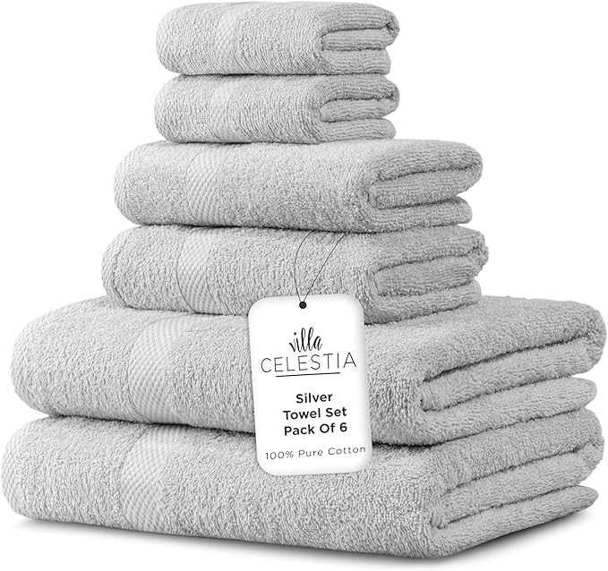 100% Combed Cotton Bathroom Towel Set of 6- 2 Bath Towels, 2 Hand Towels, 2 Wash Cloths, Sustainable, Soft, Highly Absorbent 6 Piece Cotton Bath Towel Set Ideal for Hotels, Spa, Bathroom, Dorm, Silver