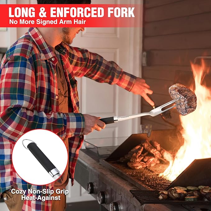 Grill Accessories Heavy Duty BBQ Set Gifts for Men/Women - Premium Stainless Steel Spatula, Fork, Brush & Tongs, Barbecue Utensils Tool Kit Gift for Grilling Lover Outdoor