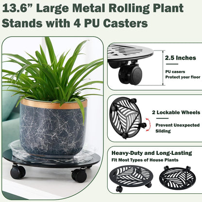 1 Packs Large Metal Plant Caddy with PU Wheels 13.6" Heavy-Duty Wrought Iron Rolling Plant Stands Indoor Outdoor Wheeled Plant Dolly Planter Mover Rollers Plant, Leaf Style