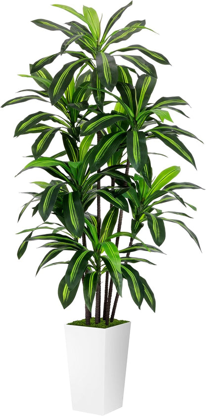 Artificial Dracaena Plant 6FT - Fake Tree with White Tall Planter - Faux Yucca Tall Fake Floor Plant in Pot - Artificial Trees for Home Office Living Room Decor Indoor