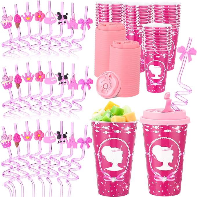 Yungyan 16 Sets Hot Pink Girl Party Favors Goodie Cups with Lids and Straws for Birthday Decorations Reusable 16oz Plastic Candy Cups Plastic Straws for Birthday Party (Pink Princess)