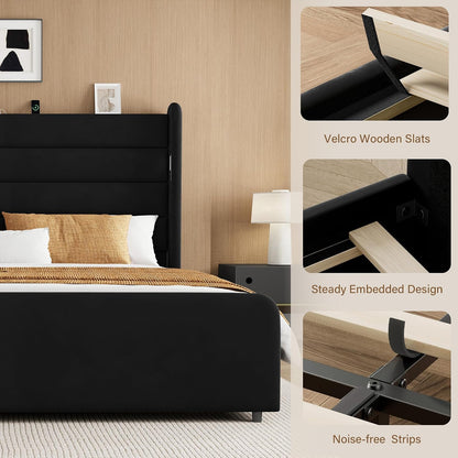 Queen Size Bed Frame with 59'' Tall Headboard with Readlight, Black