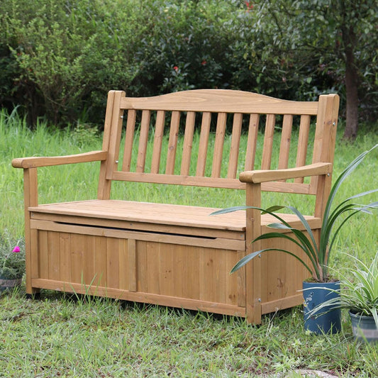 48.8in Wooden Outdoor Storage Bench with backrest, Patio Garden Bench 2-Seater, Weatherproof Storage Box Bench for Backyard, Porch, Terrace, Garden (Natural, Wood)