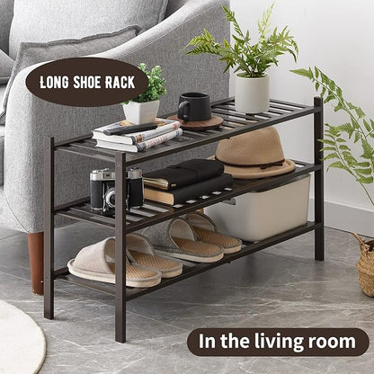 Long Shoe Rack, 3-Tier Bamboo Stackable Shoe Shelf Storage Organizer, Shoe Stand for Closet, Entryway and Hallway