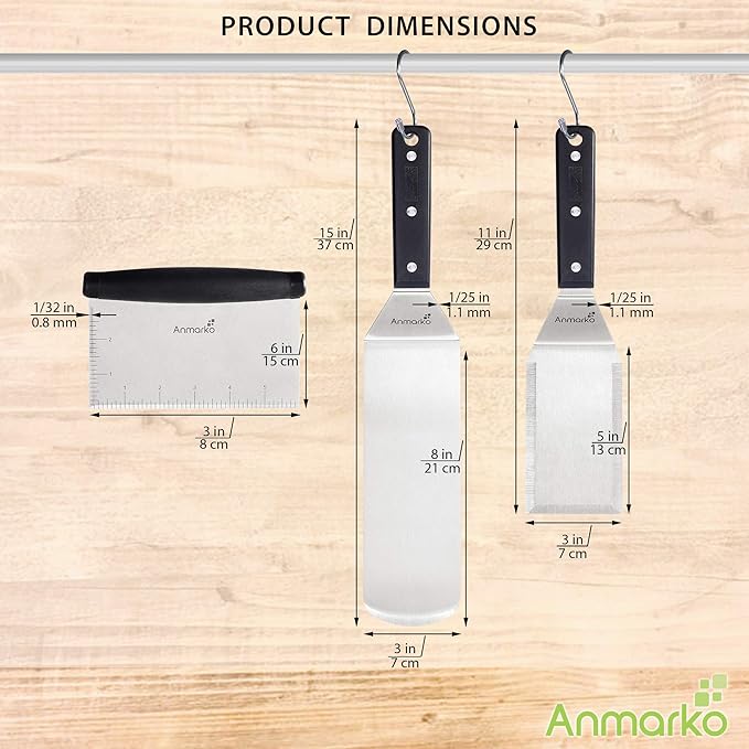 Anmarko Metal Spatula Stainless Steel Scraper - Professional Chef Griddle Spatulas Set of 3 - Heavy Duty Accessories Great for Cast Iron BBQ Flat Top Grill Skillet Pan - Commercial Grade