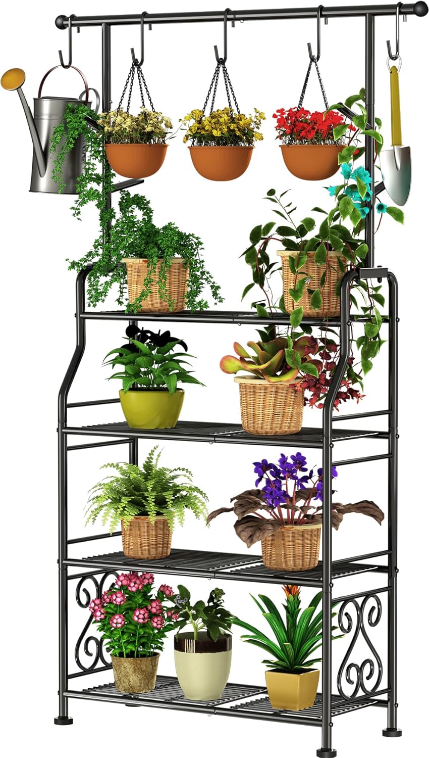 GIOTORENT Plant Stand Indoor Outdoor, 4-Tier Heavy Duty Metal Shelves, Display up to 17 Multiple Plants, Tall Plant Holder with Plant Hanger, Suit for Patio Living Room Garden Balcony, 5 Hooks, Black