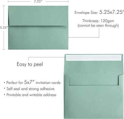 PONATIA 50 Pieces 5x7 Envelopes, Sage Green A7 Envelopes Self Seal for Weddings, Invitation Cards, Photos, Postcards, Greeting Cards Mailing, Baby Shower, Graduation, Christmas Gift Cards