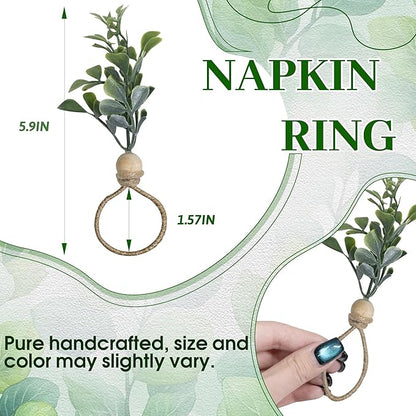 MAOANME Napkin Rings Set of 12, Rustic Eucalyptus Napkin Holder Rings with Wood Bead, Farmhouse Green Leaf Napkin Ring Bulk, Boho Napkin Ring for Wedding, Table Decor